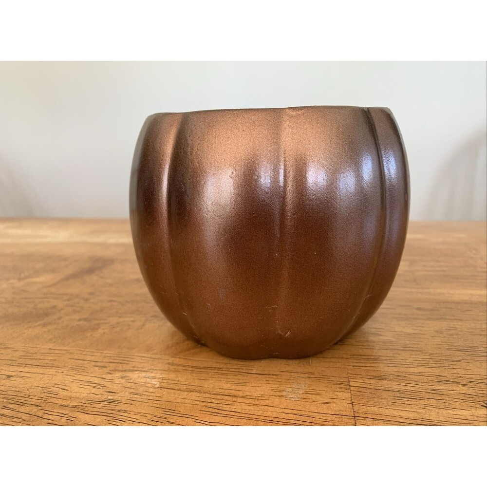 Copper Color Pumpkin Shaped Planter With Tags 4 1/2” Cute!! Flowers Vegetables